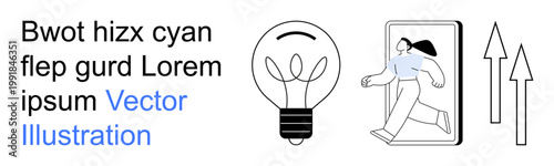 Innovation, progress, creative solutions, decision-making, business concepts, and growth. Light bulb, person exiting through a frame upward-pointing arrows. Innovation and progress visualization