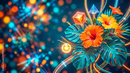 Vibrant hibiscus flowers and monstera leaves intertwined with glowing neon geometric shapes. Abstract cyber jungle design for modern graphics and backgrounds
