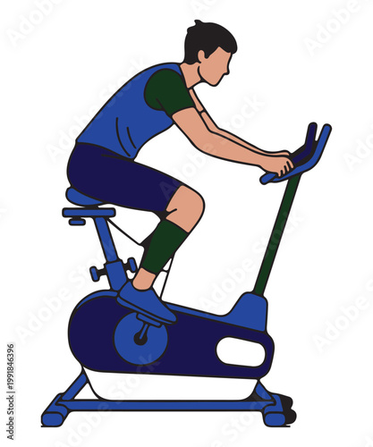 Man riding a stationary exercise bike, depicted in a simple, clean vector illustration style.
