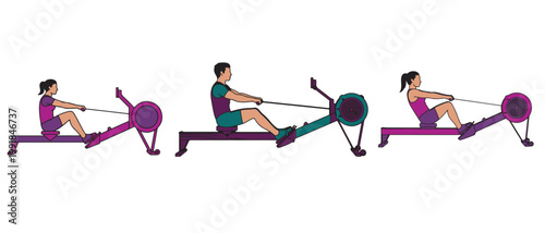 People using rowing machines for a full-body workout, demonstrating cardiovascular and strength training.
