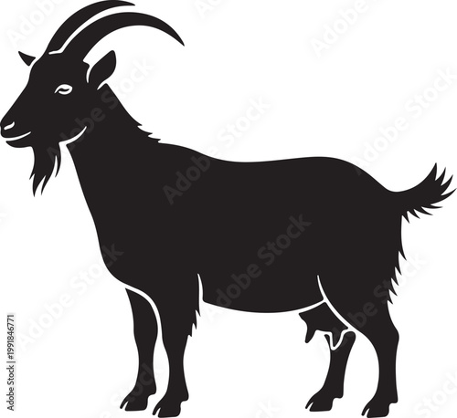 A clean and detailed black and white vector silhouette of a goat. Featuring distinct horns, a beard, and a classic farm animal profile.