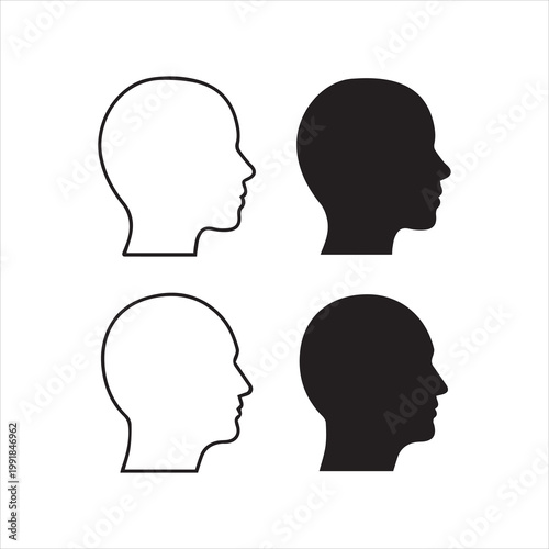 Human head silhouette in outline and solid style, woman and man heads side view, user avatar symbols, profile person sign