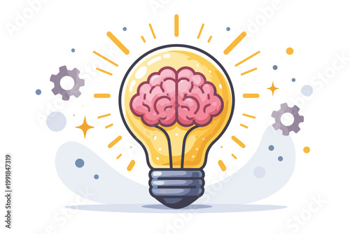 Brain Inside Glowing Light Bulb Vector Illustration for Creative Idea Generation, Innovation, Mental Intelligence, Problem Solving, and Strategic Thinking Concept. Flat Design Graphic Element.