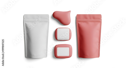 Set of blank ziplock pouch packaging mockups, including a tall white bag and a coral pink bag with smaller sample pouches, ideal for product presentation and branding