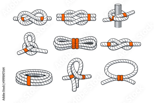 Vector illustration set of various rope knots and coiled segments with orange accents. Includes figure-eight, square knot, hitch, and bundled cord for nautical, climbing, or camping themes.