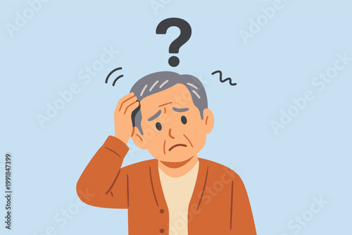 Confused Asian Elderly Man with Hand on Head and Question Mark Above Him Feeling Unsure and Forgetful; Senior Citizen Experiencing Memory Loss, Dementia, or Alzheimer's Disease Symptoms Illustration.