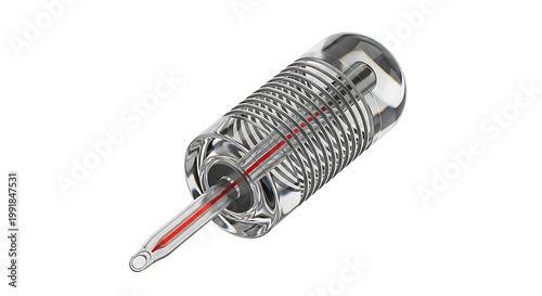 Isolated mechanical precision component with internal spring and red arrow indicating rotational movement, intricate engineering detail