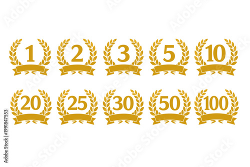 Gold Anniversary Laurel Wreath Badge Set with Ribbon Banners for 1st, 2nd, 3rd, 5th, 10th, 20th, 25th, 30th, 50th, and 100th Year Celebration, Achievement, Ranking, and Award Ceremony Icons