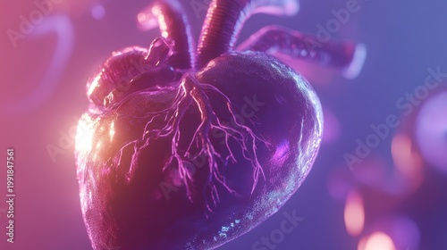 3D anatomical heart, glowing, vibrant colors