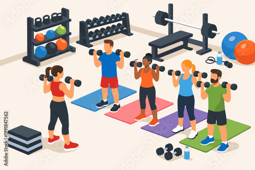 Isometric Vector Illustration of a Group Fitness Class in a Modern Gym with Diverse People Lifting Dumbbells on Yoga Mats, Featuring Equipment like Kettlebells, Barbells, and Medicine Balls.