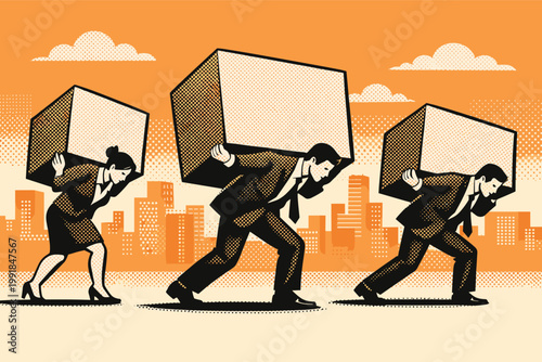 Business People Carrying Heavy Boxes in Halftone Retro Style, Symbolizing Corporate Responsibility, Workload, Stress, and Career Pressure Against a City Skyline Background Vector Illustration