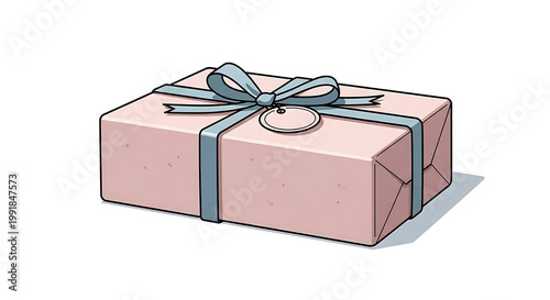 Pixel art illustration of a pink gift box tied with a light blue ribbon and bow, isolated on a white background, conveying celebration and surprise