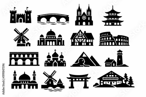 Collection of historical architectural landmark icons featuring a castle, bridge, cathedral, pagoda, windmill, mosque, Colosseum, aqueduct, Sphinx, pyramids, lighthouse, Torii gate, and chalet.