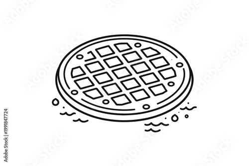 Round Metal Manhole Cover and Drain Grate Line Art Icon for Wastewater Management, Urban Infrastructure, and Utility Maintenance, Simple Flat Vector Illustration of a Sewer Lid on Street Surface