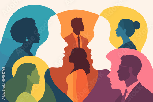 Abstract vector illustration of diverse people silhouettes nested within larger human profile shapes, representing community, inclusion, social diversity, communication, and human connection.