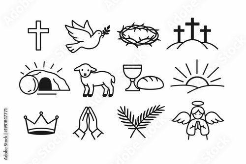Set of Christian religious line icons representing Easter and faith symbols like the cross, dove, crown of thorns, Calvary, empty tomb, lamb, communion, sunrise, crown, praying hands, palm, angel.