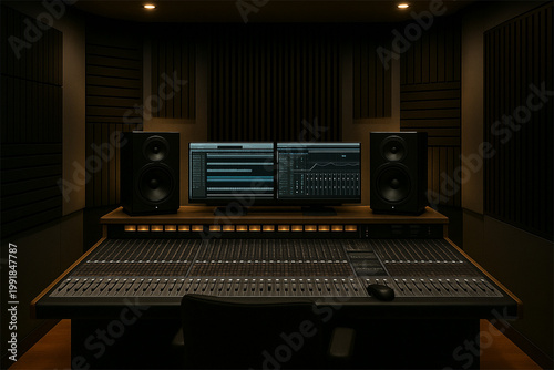 Professional recording studio control room with mixing console monitor speakers and audio software screens in a dark acoustically treated interior designed for music production and sound engineering