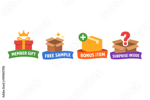 Set of E-commerce Promotional Badges and Icons for Member Gift, Free Sample, Bonus Item, and Surprise Inside with Gift Box, Cardboard Boxes, Crown, Sparkles, Plus Sign, and Question Mark Symbols