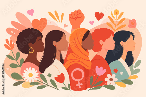Multifaceted Female Silhouette Medley Honouring Womanhood Through Botanical Motifs, Raised Fists, and Hearts Representing Collective Strength, Cross-Cultural Solidarity, and the Enduring March Toward