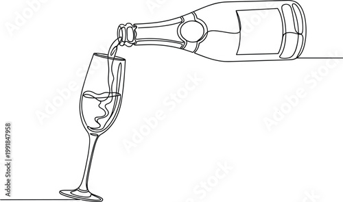 Champagne Bottle Pouring Wine into Glass Continuous One Line Art Drawing for Celebration, Wedding, New Year Party, and Luxury Event Design Backgrounds
