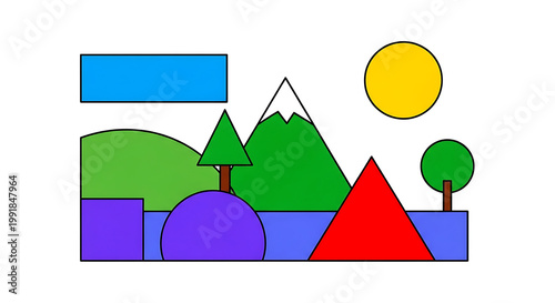 Flat geometric landscape with colorful shapes, mountains, trees, sun, and a river, representing a simple natural scene in a minimalist style