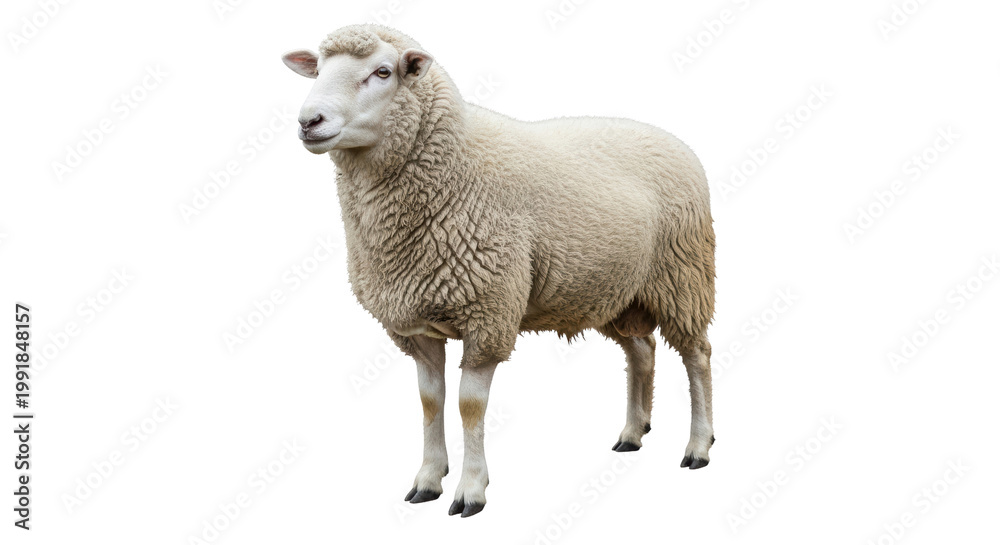 Fototapeta premium Fluffy white sheep standing in profile, woolly farm animal with thick fleece, domestic ewe for livestock and agriculture concepts isolated PNG with Transparent Background