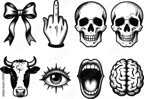 Symbolic Iconography: A collection of intriguing monochrome illustrations presents a curated selection of iconic symbols, each carrying its own unique meaning and evocative presence.