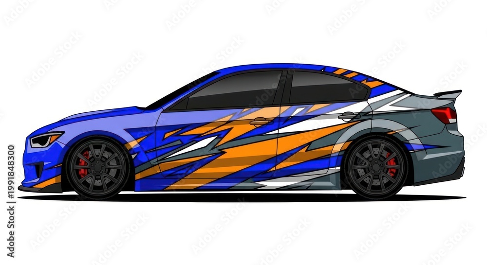 Fototapeta premium Blue sports sedan with orange and white racing vinyl wrap