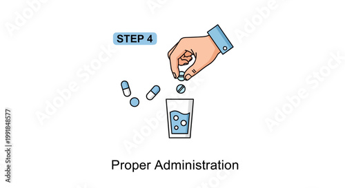 Medical administration, proper medication, pills in glass, healthcare steps, vector illustration