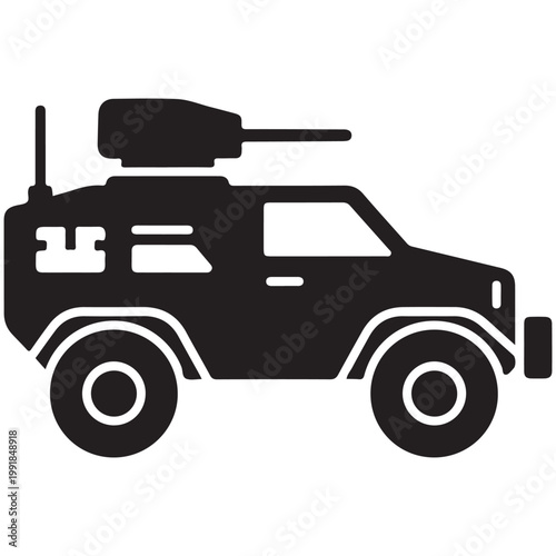 Military armored vehicle silhouette icon with turret and antenna for defense and security vector design