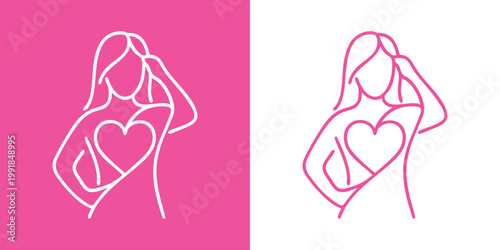 Logotipo con dibujo minimalista con una única línea de mujer de pie con gran corazón, para tarjetas y felicitaciones de San Valentín