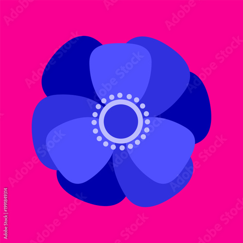 Vector illustration with isolated icon of Anemone on pink background. Beautiful flower with blue button. Windflowers is designed in flat minimalist style with simplified shapes