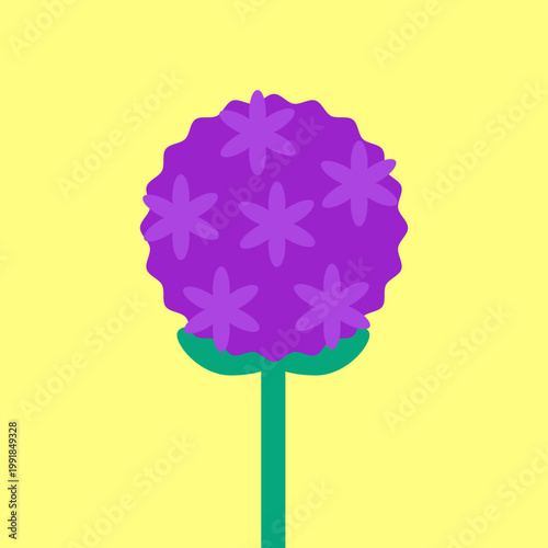 Vector illustration with isolated icon of Allium on yellow background. Beautiful flower with purple button, green stem. Ornamental onion is designed in flat minimalist style with simplified shapes