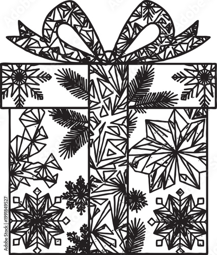 Christmas gift box with snowflake and fir branch pattern christmas snowflake decoration celebration seasonal surprise wrapping ornament illustration celebrate creative