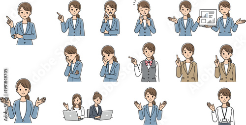 Businesswoman in Various Professional Poses, Business Communication and Office Work Illustrations