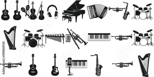 Comprehensive Musical Instrument Silhouette Vector Set Featuring Piano, Guitar, Drums, Violin, and Brass Symbols for Concert Posters, Music Education, and Creative Audio Branding