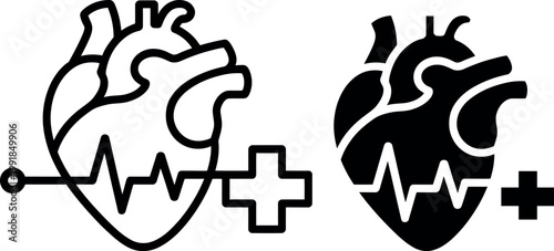 Medical icons showing healthy and unhealthy heart with ecg lines