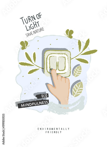 Vector hand drawn cartoon sketch of a hand turning off a light to save energy. Alternative Green energy concept. Sustainable lifestyle.