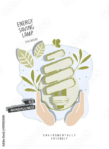 Vector hand drawn cartoon sketch of energy saving lamp with supporting palms. LED lamp with green leaf. Alternative green energy concept. Sustainable lifestyle.