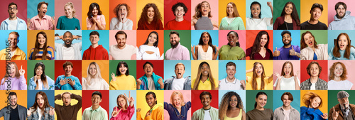 Tableau sur toile Diverse group of people portraits collage with colorful backgrounds