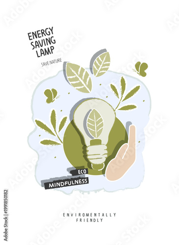Vector hand drawn cartoon sketch of energy saving lamp with supporting palms. LED lamp with green leaf. Alternative green energy concept. Sustainable lifestyle.