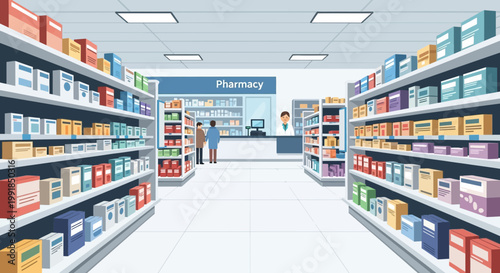 Pharmacy interior, drugstore shelves, medication aisle, retail pharmacy