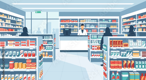 Pharmacy interior, drugstore shelves, medicine cabinet, retail store