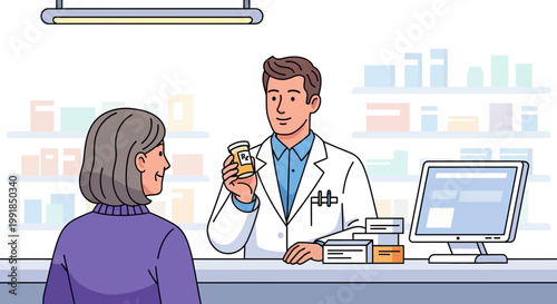 Pharmacy scene, pharmacist consulting patient, medicine consultation, healthcare professional