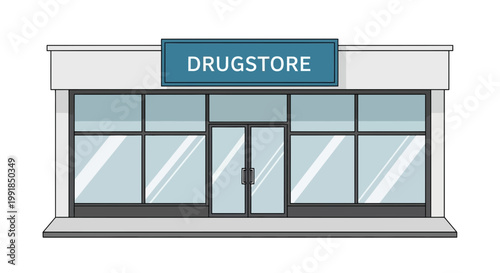 Drugstore, pharmacy storefront, retail shop, vector illustration