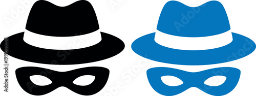 Contrasting masks with black and blue fedora hats and eye coverings