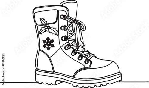 Winter boot with holly and snowflake design outline illustration footwear snowflake christmas illustration monochrome isolated seasonal celebration decorative minimalist