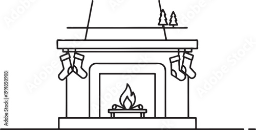 Black and white outline drawing of a christmas fireplace with hanging stockings and burning logs christmas eve fireplace christmas stocking decoration monochrome illustration