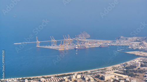 Industrial Fujairah Port and Coastal Beach of Khorfakkan from Al Suhub Rest Area, UAE