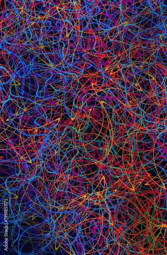 A dense and chaotic network of connections. An abstract background of chaotic, multi-colored scribbles. A sketch for use in creative work.